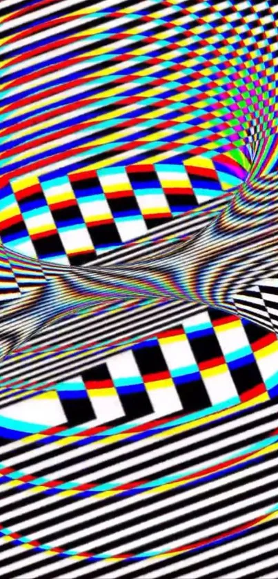 Abstract vibrant optical illusion wallpaper with geometric patterns.