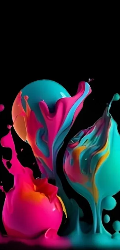 Vibrant abstract paint splashes on black background.