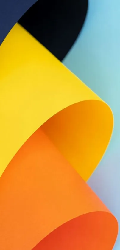 Vibrant abstract rolled paper wallpaper with yellow, blue, and orange colors.