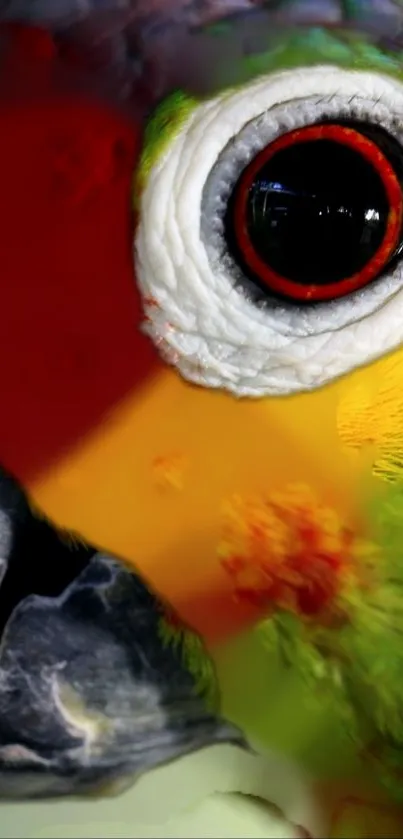 Abstract, colorful parrot artwork with vivid feathers and striking eye closeup.