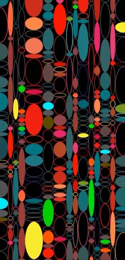 Vibrant abstract pattern with colorful geometric shapes on a black background.