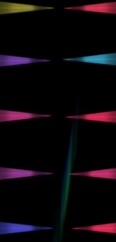 Vibrant abstract pattern with colorful triangles on black background.