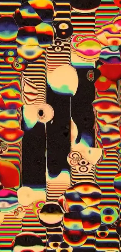 Vibrant abstract pattern with bold colors and optical illusions.