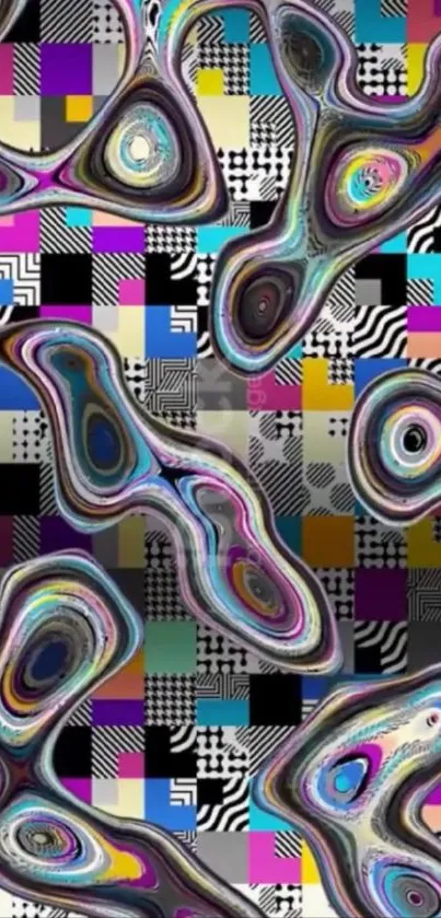 Vibrant abstract pattern with fluid shapes and geometric blocks.