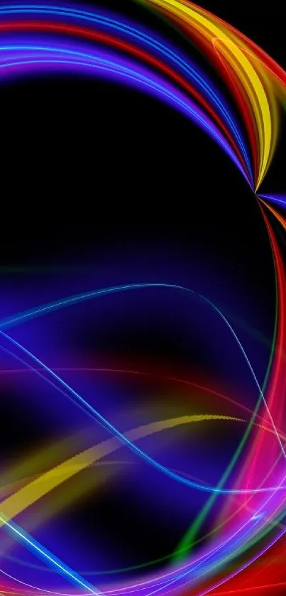 Vibrant abstract wallpaper with neon lights on black background.