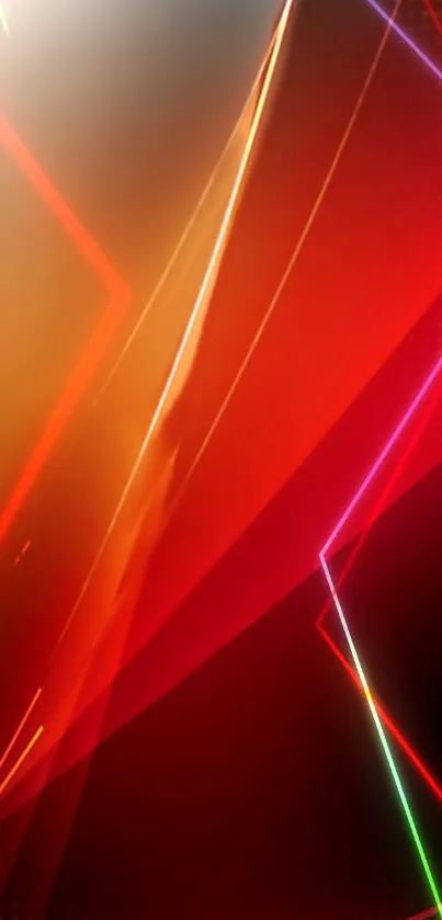 Vibrant red and orange abstract geometric shapes in a modern phone wallpaper.