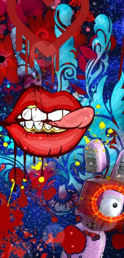 Colorful abstract wallpaper with lips and playful elements.