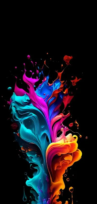 Vibrant abstract splash wallpaper with colorful fluid art on a black background.