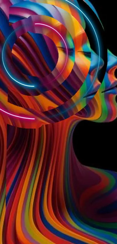 Colorful abstract art wallpaper with silhouette profile design.