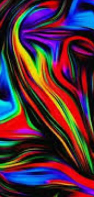 Vibrant abstract wallpaper with neon swirls on black background.