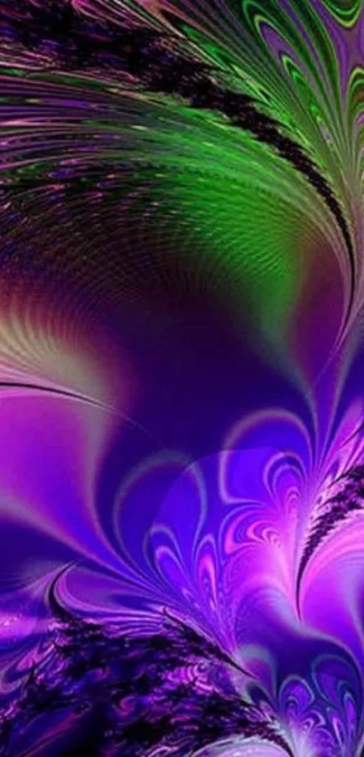 Abstract vibrant wallpaper with purple and green swirls.