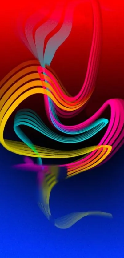 Vibrant abstract wallpaper with colorful ribbons on red and blue gradient.