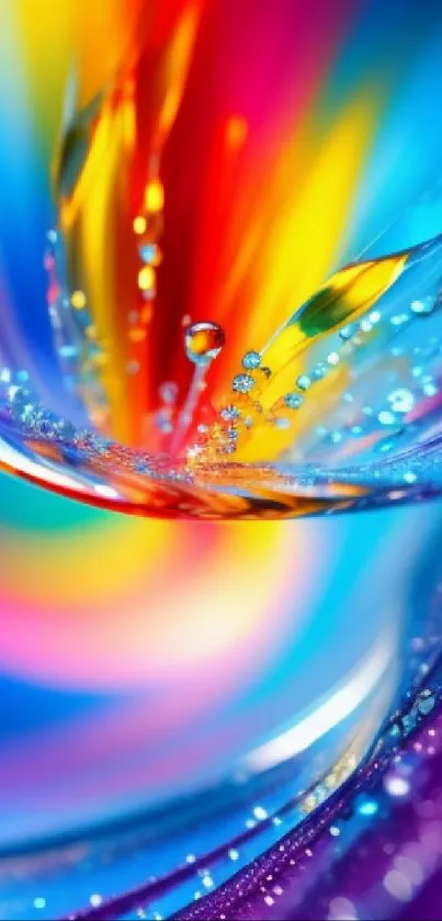 Vibrant abstract wallpaper with colorful swirling patterns and water droplets.