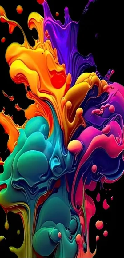 Vibrant abstract splash of colors on a mobile wallpaper with a dark background.