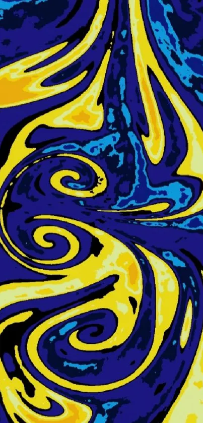 Blue and yellow abstract swirl phone wallpaper.