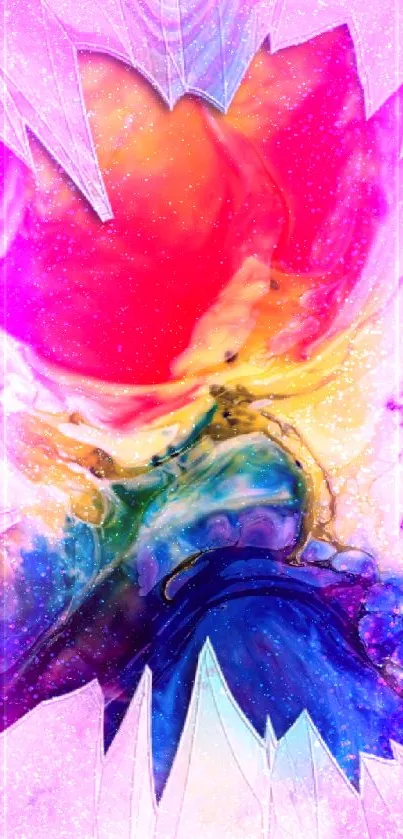 Vibrant abstract wallpaper with red, yellow, and blue swirls.