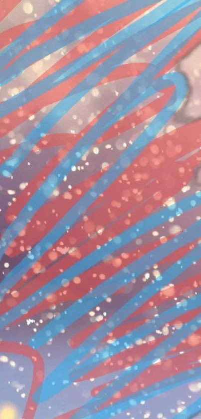 Abstract phone wallpaper with red and blue lines and sparkling accents.