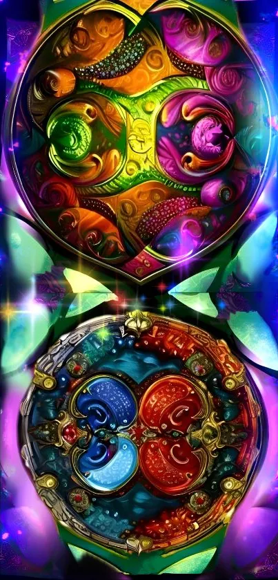 Vibrant abstract phone wallpaper with colorful patterns and black accents.