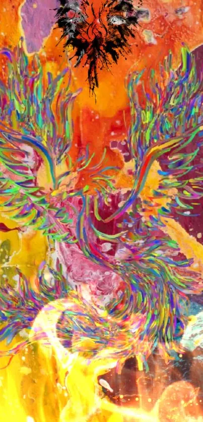 Vibrant pink and colorful abstract wallpaper with a phoenix design.