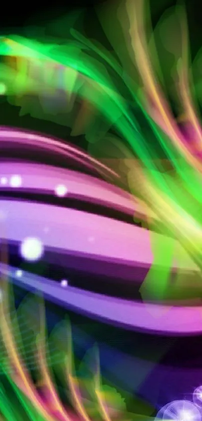 Vibrant green and purple abstract mobile wallpaper with swirling patterns.