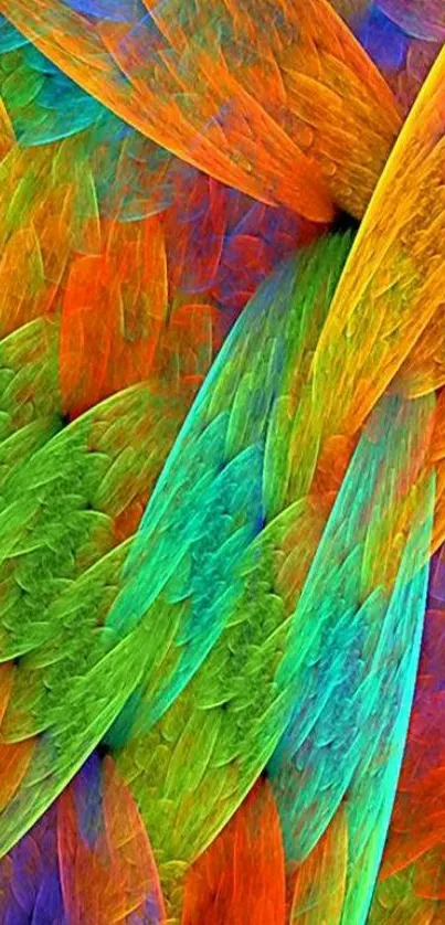 Vibrant abstract mobile wallpaper with colorful feather design.