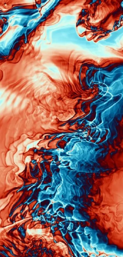 Vibrant abstract mobile wallpaper with red and blue fluid shapes.