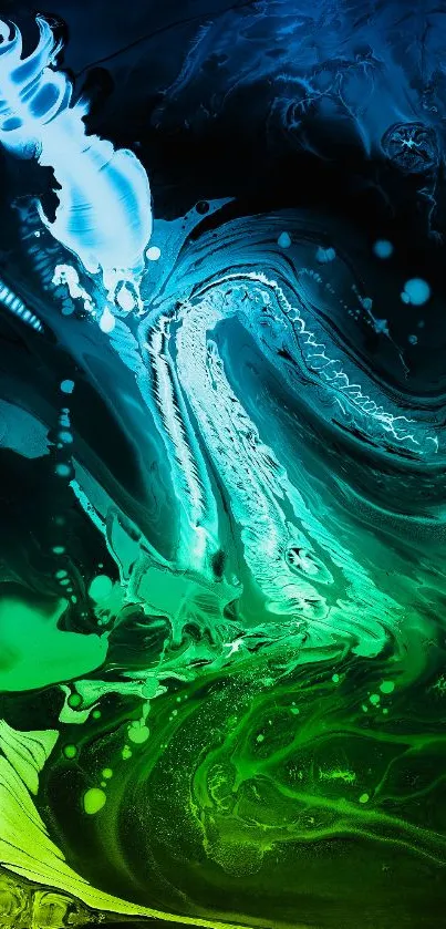 Vibrant abstract wallpaper with blue, green, and yellow swirling design.