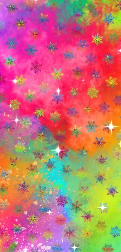 Vibrant abstract wallpaper with colorful snowflakes on a gradient background.