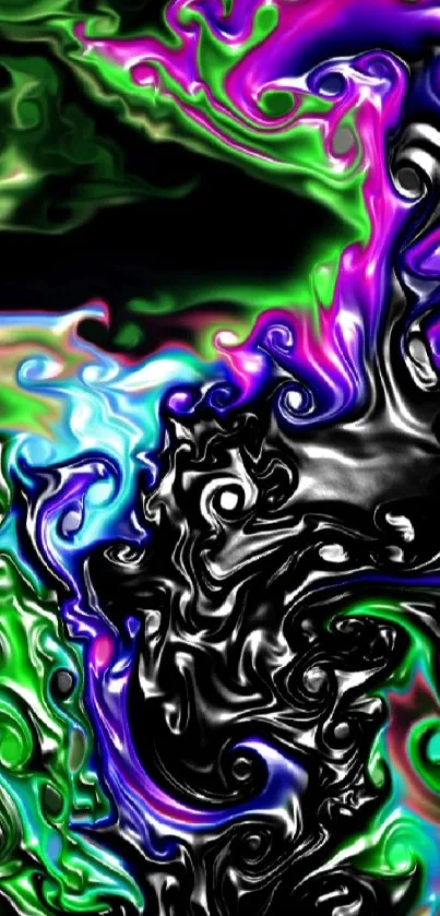 Vibrant abstract wallpaper with swirling colors in green, purple, and black hues.