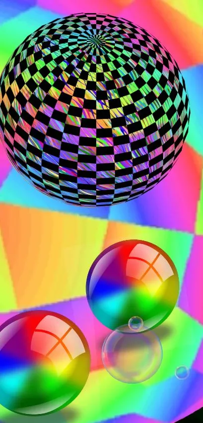 Vibrant abstract wallpaper with colorful geometric pattern and spheres.