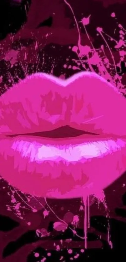 Vibrant abstract pink lips with splattered paint design on wallpaper.