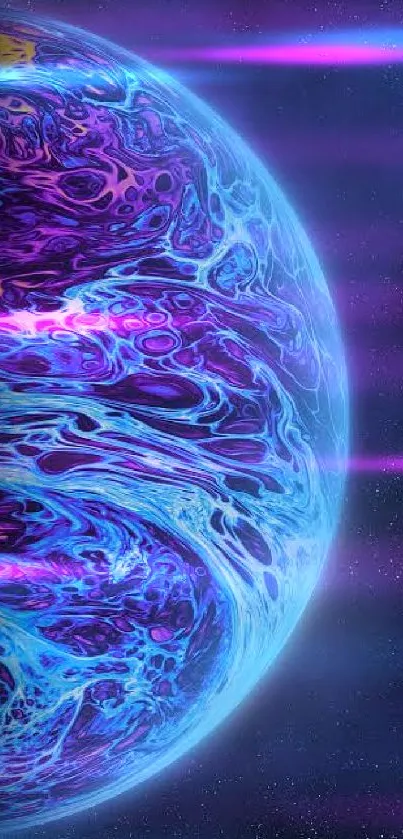 Vivid abstract planet in blue and purple hues on a cosmic background.