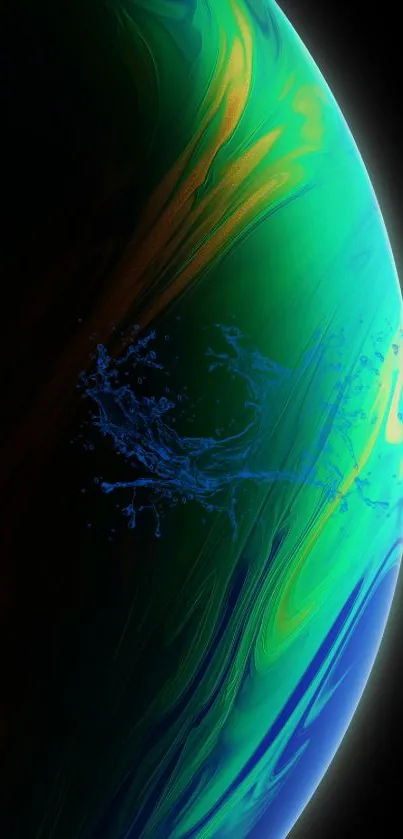 Abstract planet design with vibrant colors in blue, green, and yellow hues.