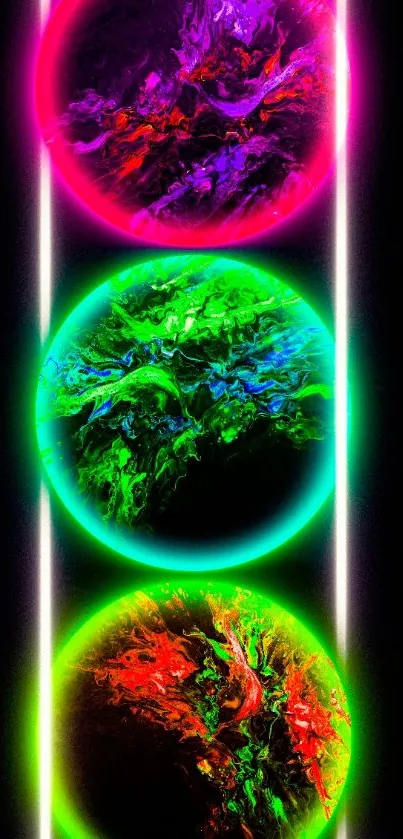 Mobile wallpaper with neon-colored abstract planets on a dark background.