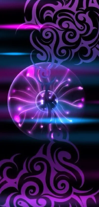 Vibrant purple plasma sphere with decorative patterns on black background.