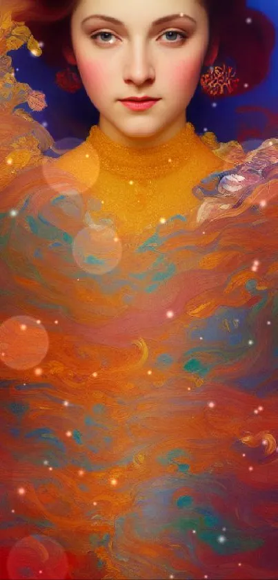 Vibrant abstract art portrait with orange hues.