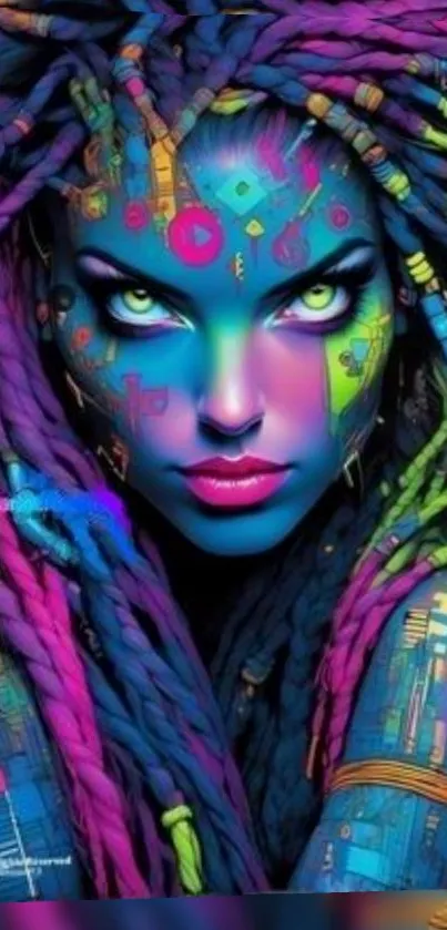 Vibrant futuristic abstract portrait with purple, blue, and green hues.