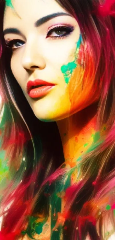 Vibrant abstract portrait wallpaper with colorful paint splashes.