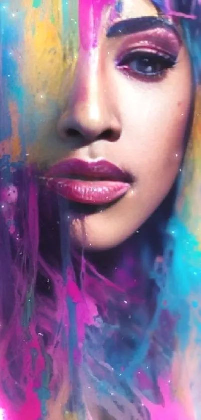 Vibrant abstract portrait with colorful paint splashes on a mobile wallpaper.