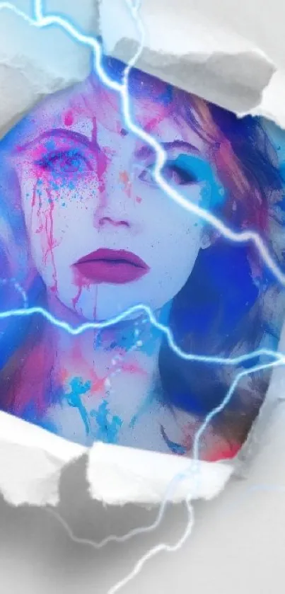 Vibrant wallpaper of an abstract portrait with electric blue lightning highlights.