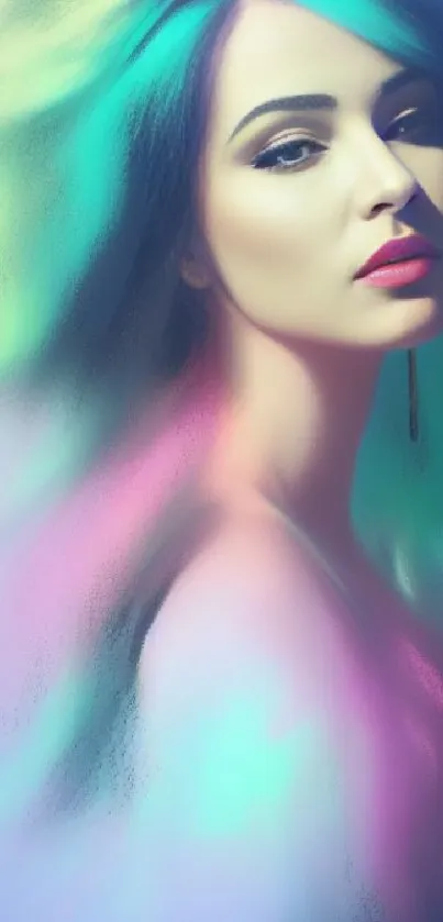 Colorful abstract portrait with neon hues on a mobile wallpaper.