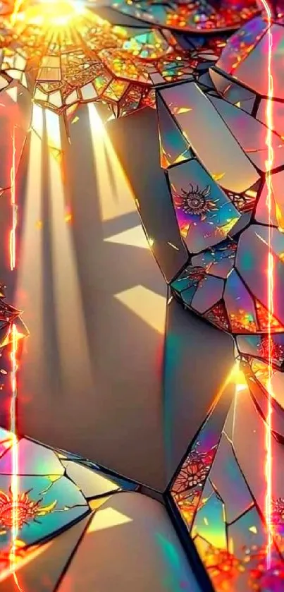 Vibrant abstract prism wallpaper with colorful shards and sunlight rays.