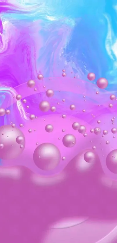 Vibrant abstract wallpaper with purple bubbles and swirling blue backdrop.