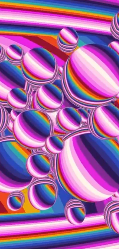 Vibrant rainbow-colored spheres with striped patterns on wallpaper.