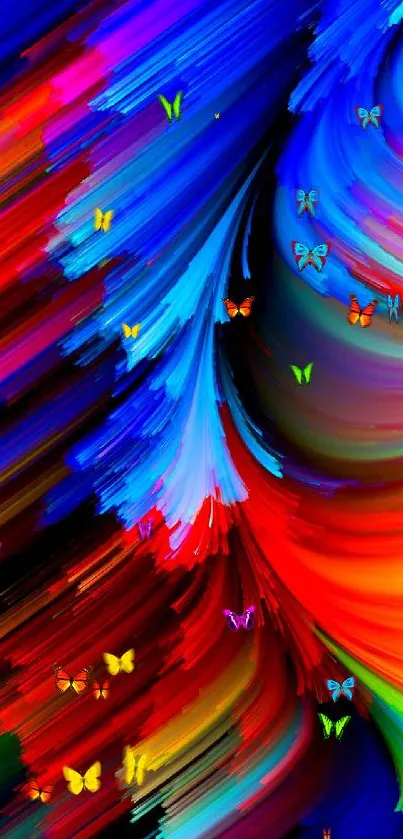 Colorful abstract wallpaper with vibrant blue, red, and rainbow brush strokes.