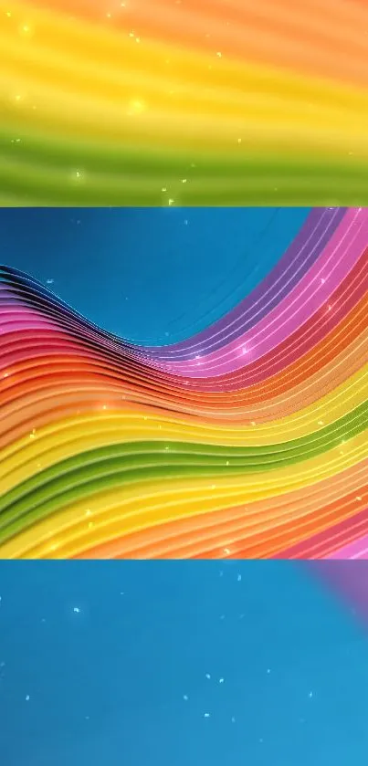 Vibrant abstract wallpaper with rainbow waves on a mobile screen.