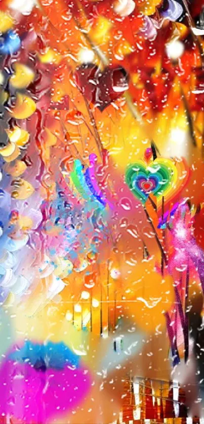 Abstract colorful rainy evening art wallpaper with vibrant hearts.