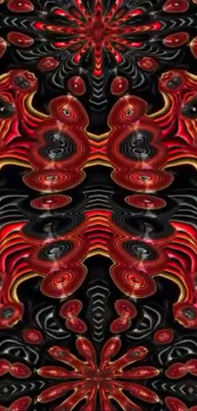 Intricate red and black abstract pattern wallpaper design.