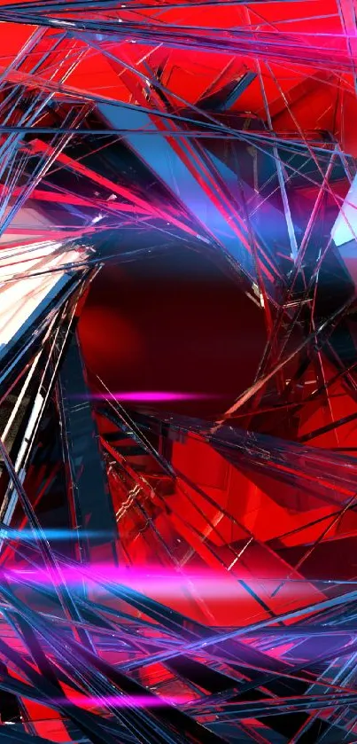 Abstract red spiral wallpaper with metallic shards.