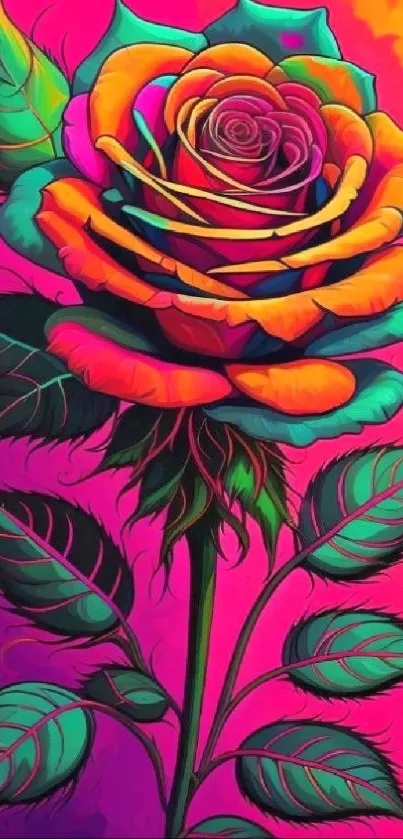 Colorful and vibrant rose art with leaves.